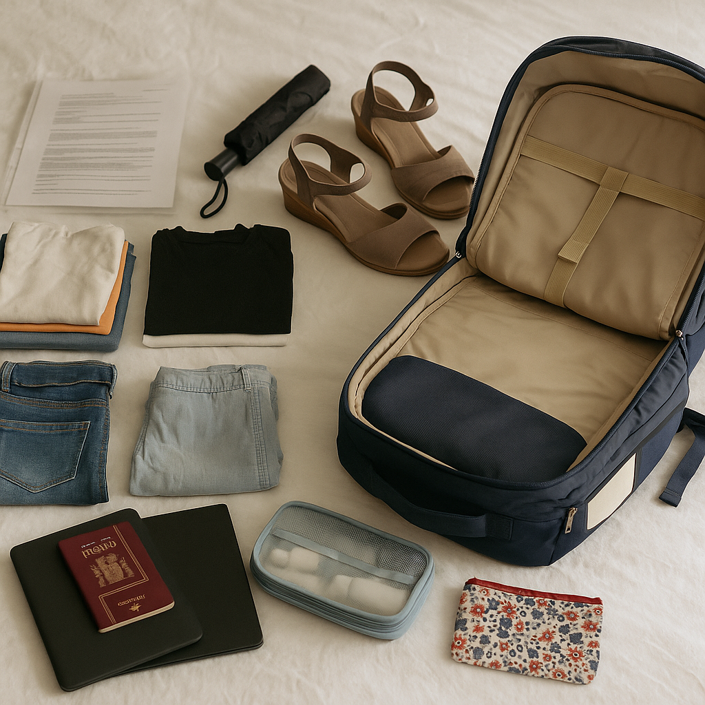 Mochila de compresión abierta sobre una cama con ropa doblada, cuaderno, notebook y artículos de viaje, lista para un vuelo low cost.