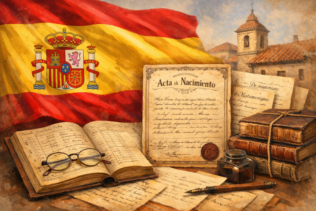 Actas antiguas y bandera de España en contexto de búsqueda de ciudadanía por Ley de Memoria Democrática
