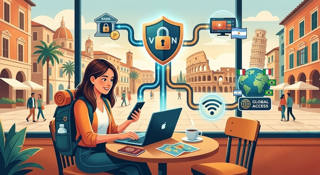 Chica teletrabajando mientras viaja usando VPN