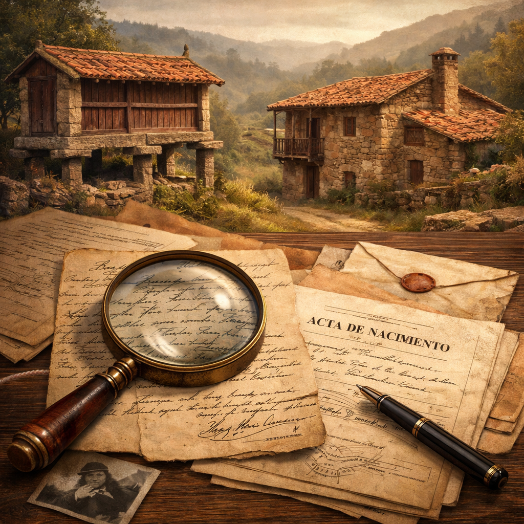 Búsqueda de acta de nacimiento española con documentos antiguos y lupa, con paisaje de Galicia al fondo