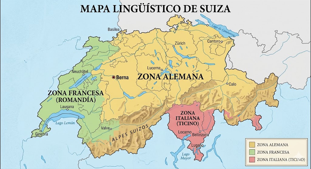 Mapa de los idiomas en Suiza: zonas de suizo alemán, suizo francés y suizo italiano