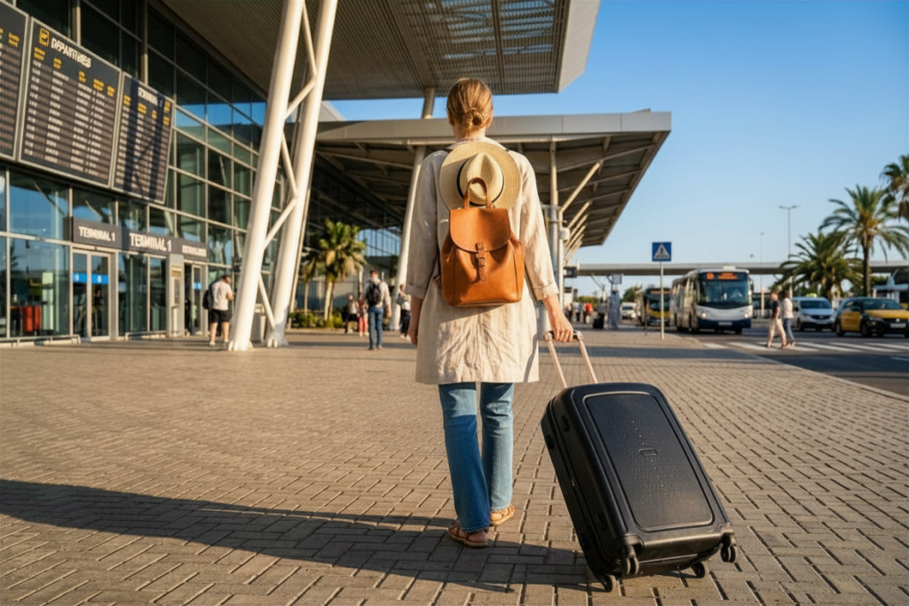 Viajera en aeropuerto internacional antes de un vuelo reservado con GoToGate