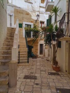 Calle del casco histórico de Polignano a Mare con fachadas blancas, balcones decorados con plantas y casas tradicionales de Puglia