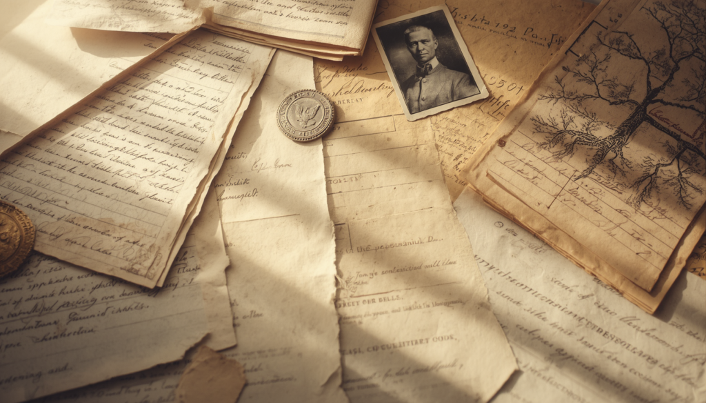 Documentos genealógicos antiguos y fotografías históricas iluminados con luz natural, representando la búsqueda de actas para ciudadanía por descendencia