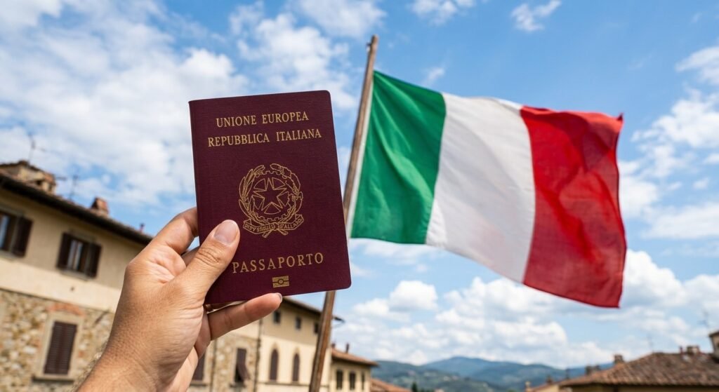 Pasaporte italiano frente a un típico pueblo italiano de casas de piedra, con la bandera de Italia de fondo