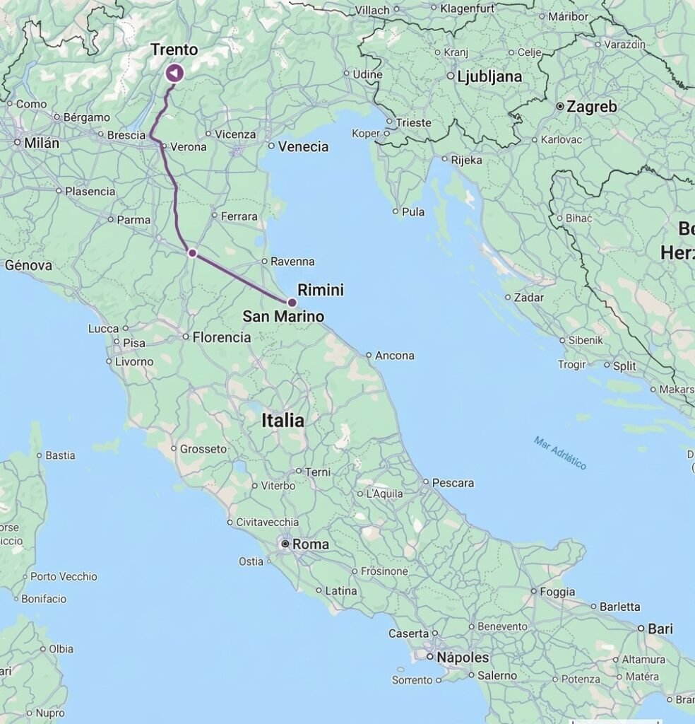 Mapa de Italia con el recorrido en tren de Trento a Rimini