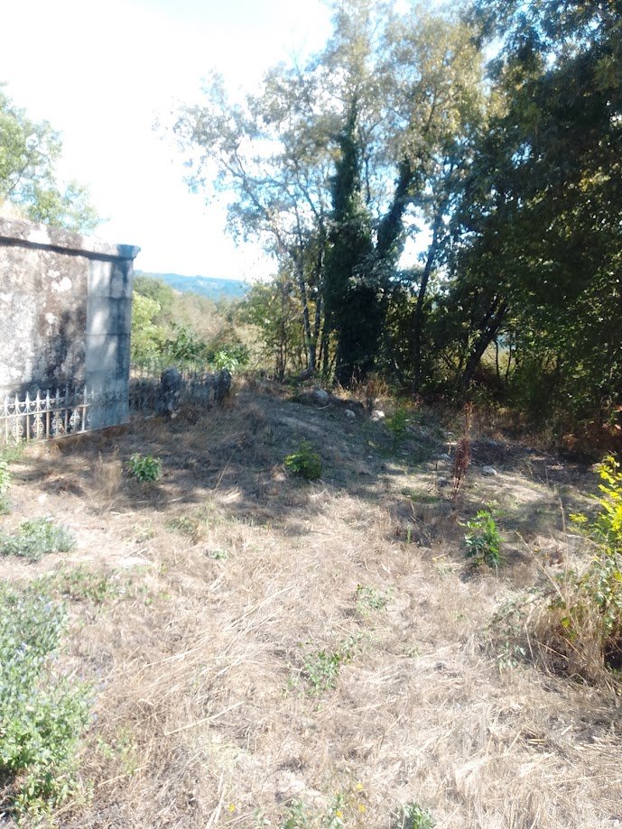Terreno rural con vegetación baja, maleza y árboles junto a los muros de piedra del cementerio de Banga con vistas hacia las colinas de O Carballiño.