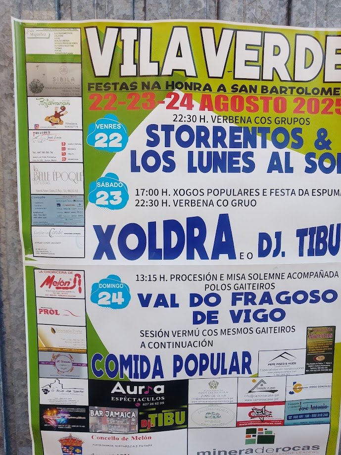 Cartel publicitario colorido de las fiestas na honra a San Bartolomeu en Vilaverde, Ayuntamiento de Melón, anunciando verbenas y comida popular.