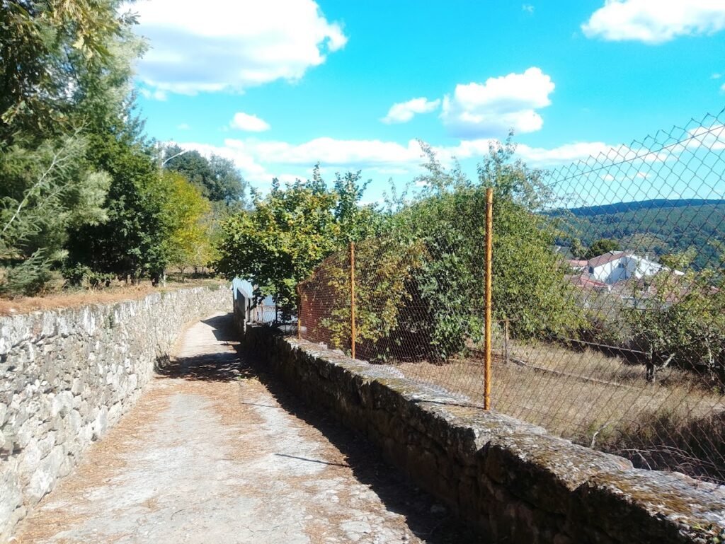 Camino vecinal ascendente en la aldea de Banga, O Carballiño, rodeado de vegetación y muros tradicionales de piedra con una valla metálica.