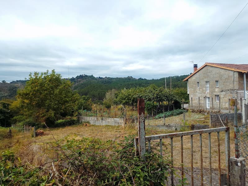 Vista panorámica de la aldea de Paradela en Ourense con colinas verdes y entorno rural.