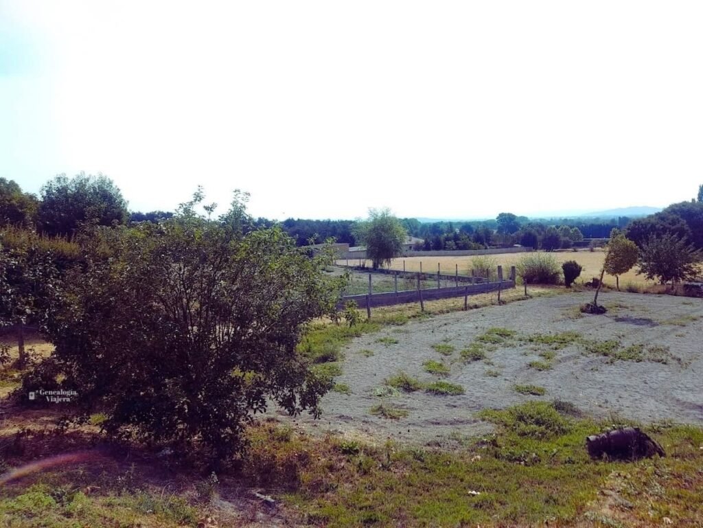 Paisaje rural abierto en Vilar de Santos que muestra campos de cultivo, árboles verdes y el horizonte de la comarca de A Limia en Ourense.